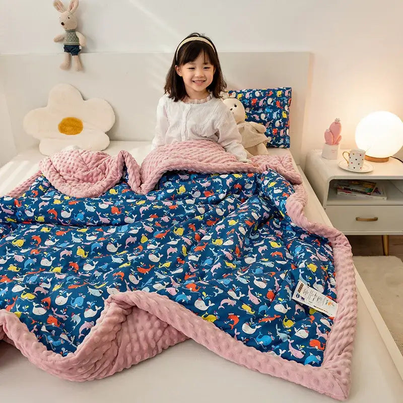 Cozy navy blue cotton floral double quilt with colorful whales and dolphins and soft pink plush trim for bedding