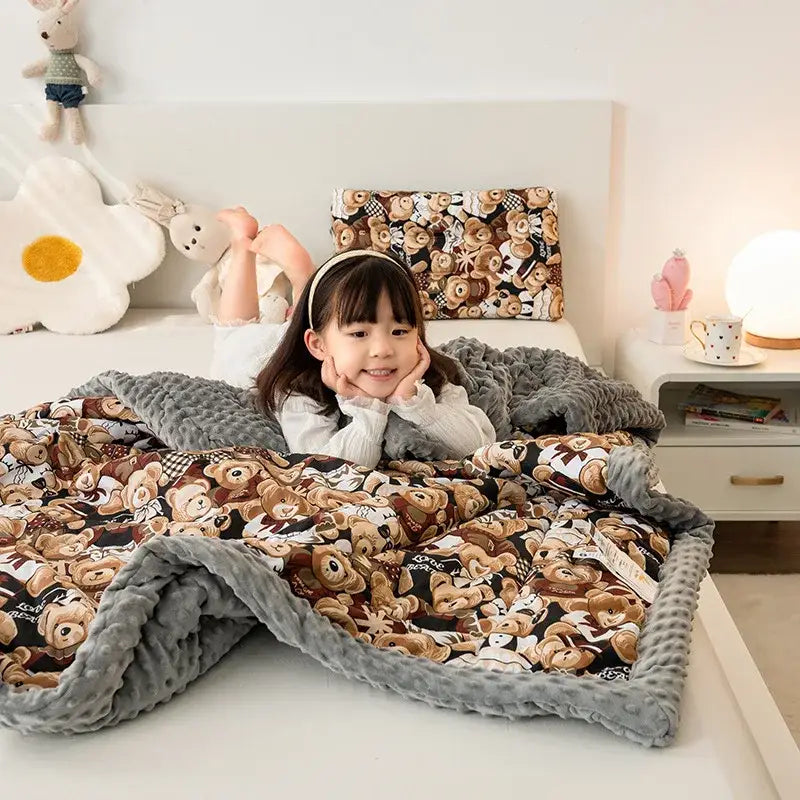 Retro mustard lion cotton floral double quilt with cozy teddy bear pattern and soft gray textured fabric reverse side