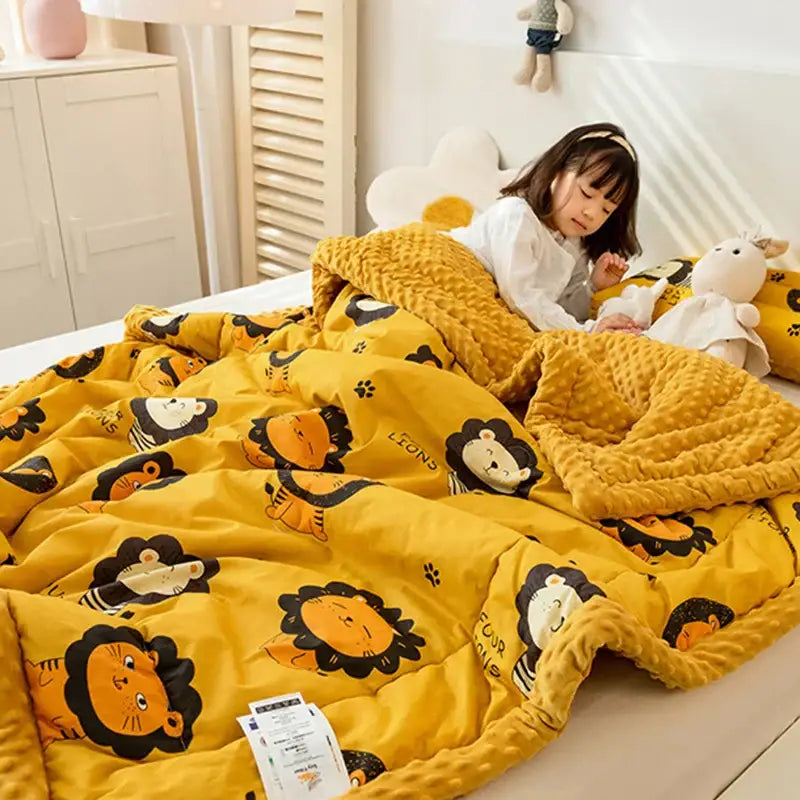 Retro mustard lion cotton floral double quilt with plush textured surface and cartoonish animal prints for bedroom bedding