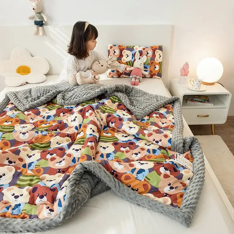 Cozy retro mustard lion cotton floral double quilt with a playful cartoon bear pattern and soft gray plush trim
