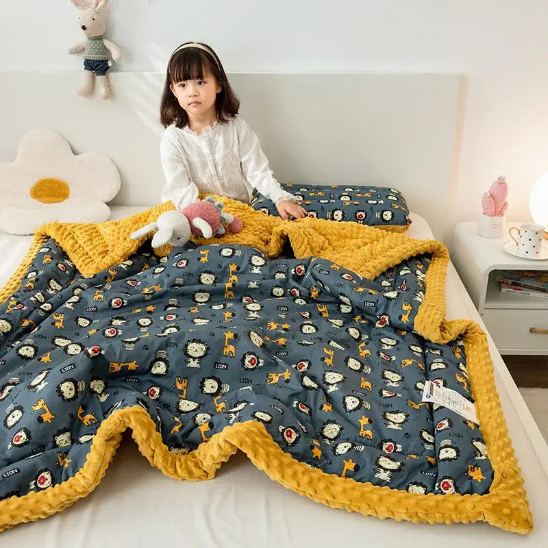 Blue and yellow plush cotton floral double quilt with cartoon animal prints for bedroom bedding blanket