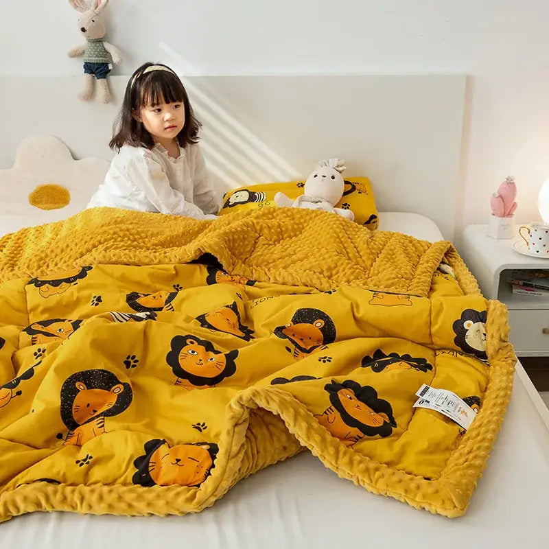 Yellow lion-patterned cotton floral double quilt with plush texture and soft warm appearance for bedroom bedding