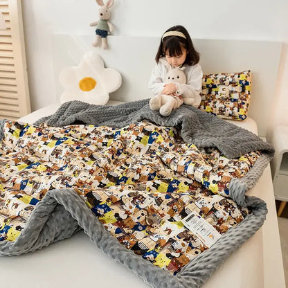 Retro mustard lion cotton floral double quilt featuring a cozy plush blanket with cartoon animal print and gray border