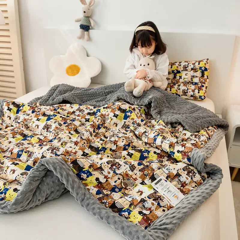 Retro mustard lion cotton floral double quilt featuring a cozy plush blanket with cartoon animal print and gray border