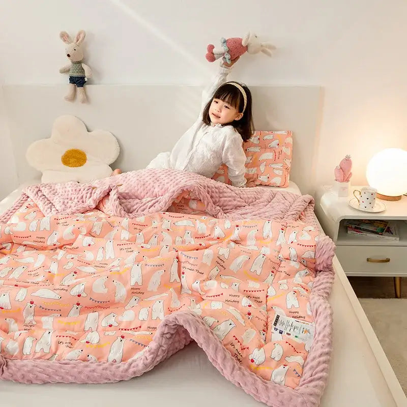 Pink polar bear-themed cotton floral double quilt with soft textured border and cozy knit fabric for bedroom bedding