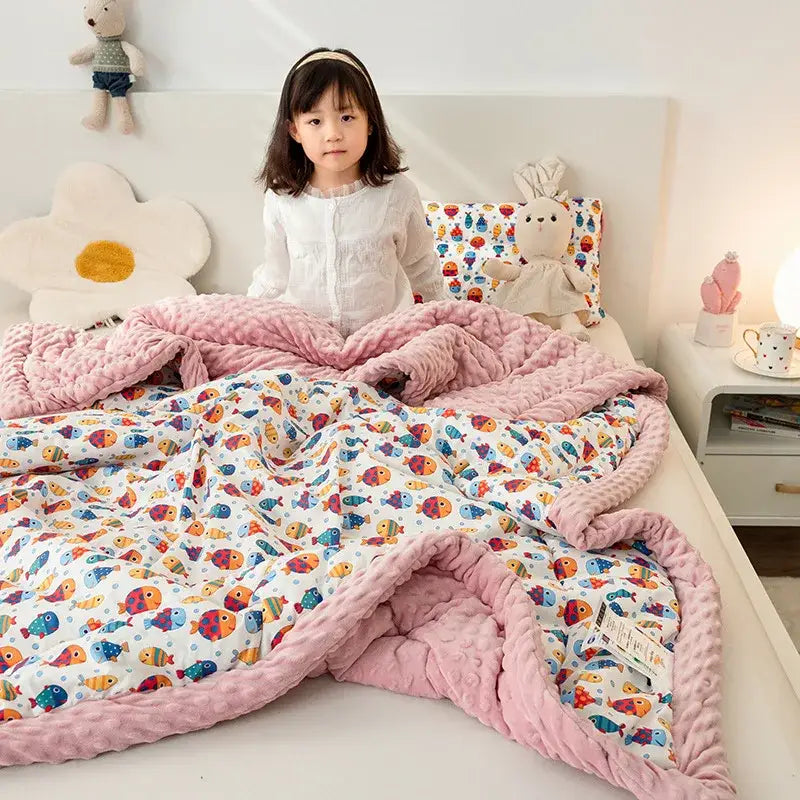 Retro mustard lion cotton floral double quilt with pink and white fish-patterned fleece blanket and soft border