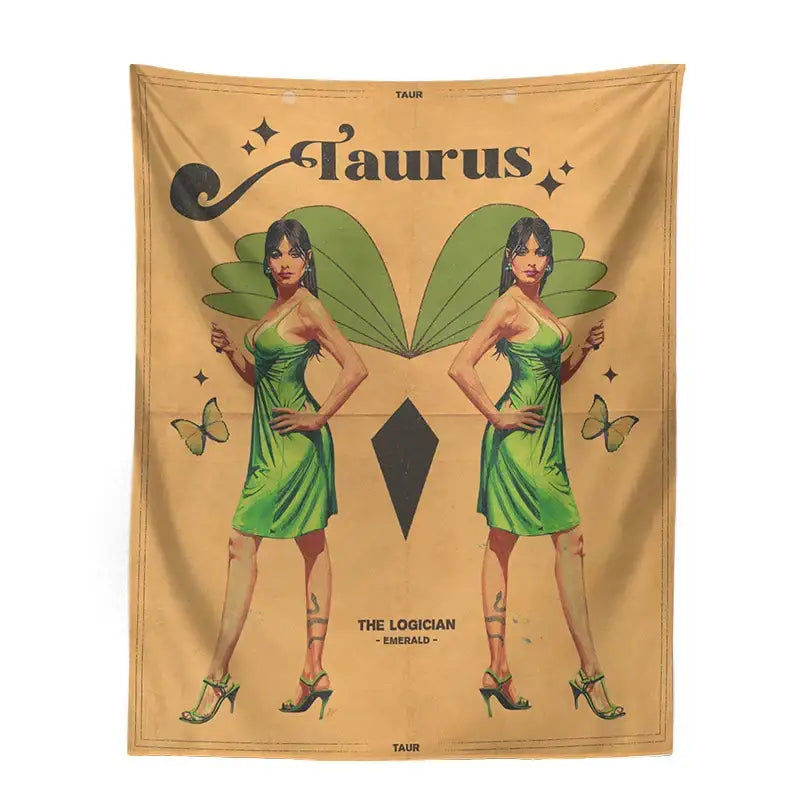 Beige retro mustard constellation tarot tapestry featuring two women in green dresses and leaf-like wings for bedroom wall art