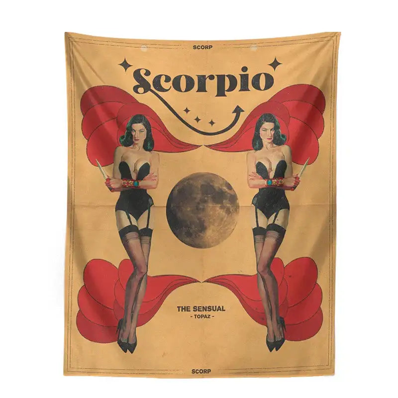 Vintage-style retro mustard constellation tarot tapestry featuring two pin-up women and a moon with red wings for wall art