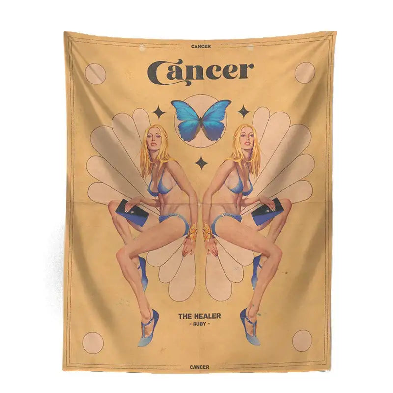 Retro mustard constellation tarot tapestry featuring a symmetrical illustration of two blonde women with wings