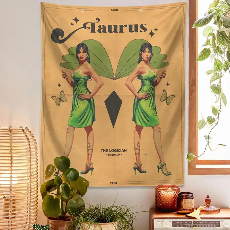 Retro mustard zodiac constellation tarot tapestry with two green fairy figures on mustard-yellow fabric for wall art