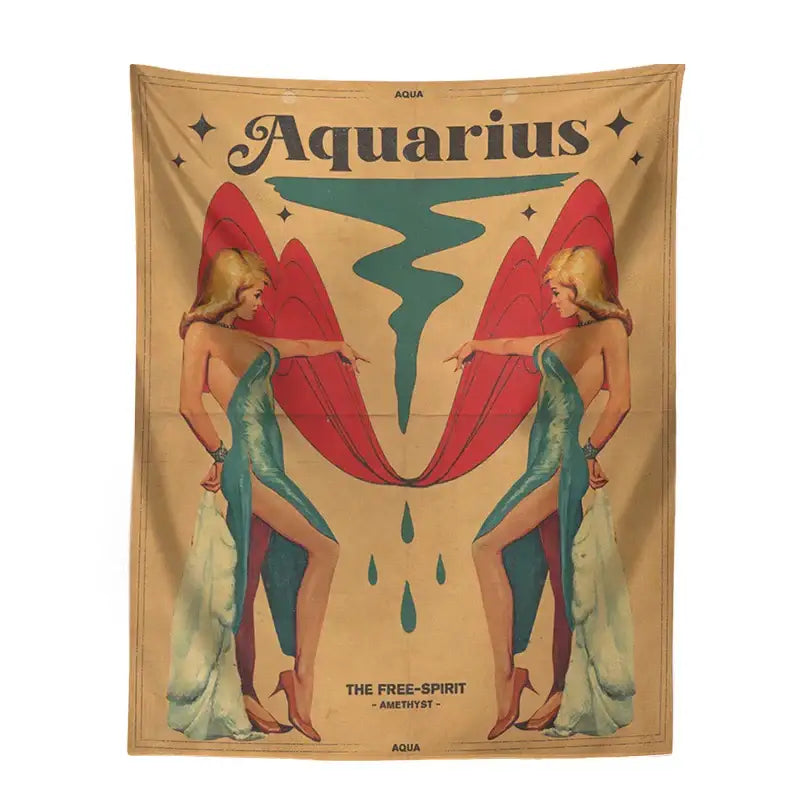 Vintage-style mustard retro zodiac constellation tarot tapestry featuring two blonde women with red wings by Aqua