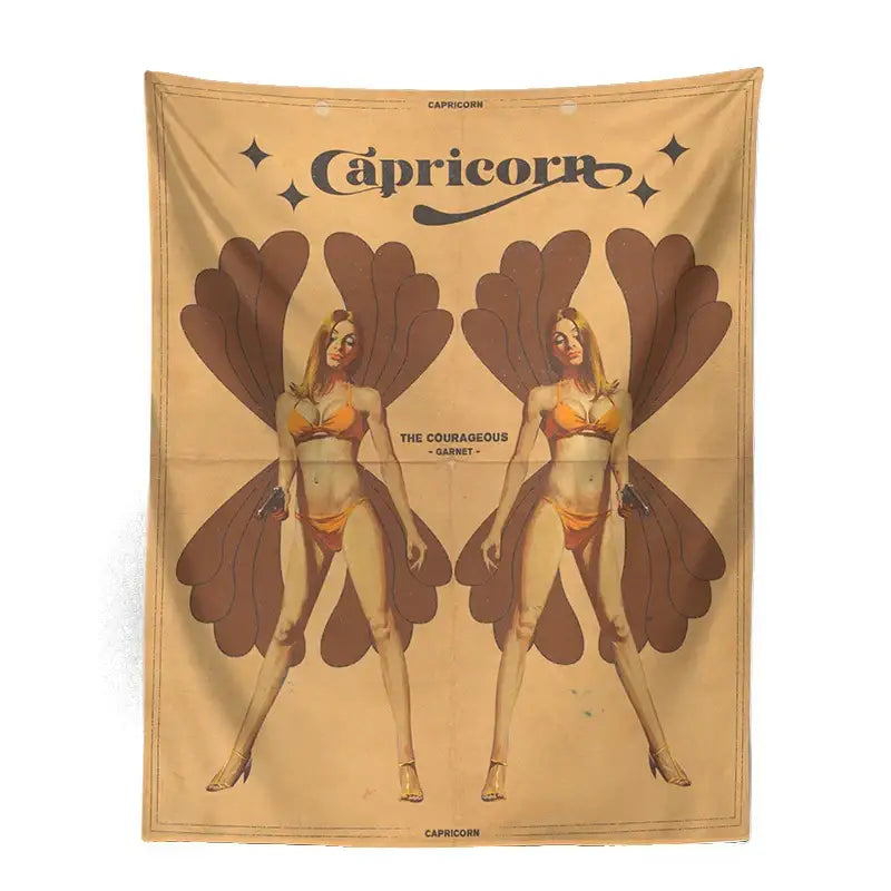 Vintage-style beige retro mustard constellation tarot tapestry featuring two women with wings labeled capricorn and the courageous garnet