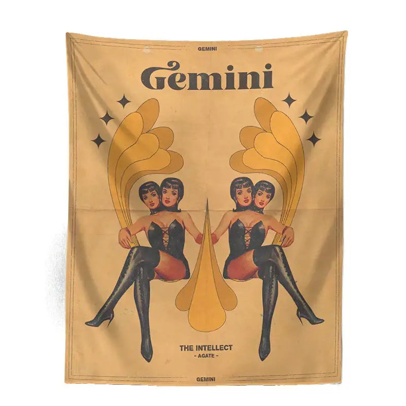 Beige vintage-style tapestry featuring twin women with golden wings and stars in a retro constellation tarot tapestry design