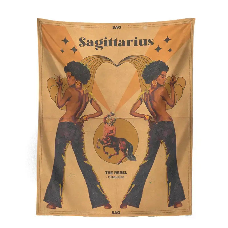 Retro mustard constellation tarot tapestry featuring vintage sagittarius with afro figures and heart-shaped constellation design