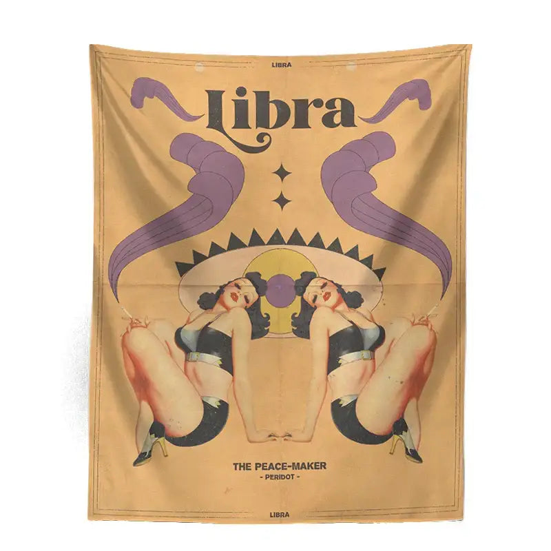 Vintage-style beige mustard constellation tarot tapestry featuring retro pin-up women and libra zodiac design for bedroom wall art