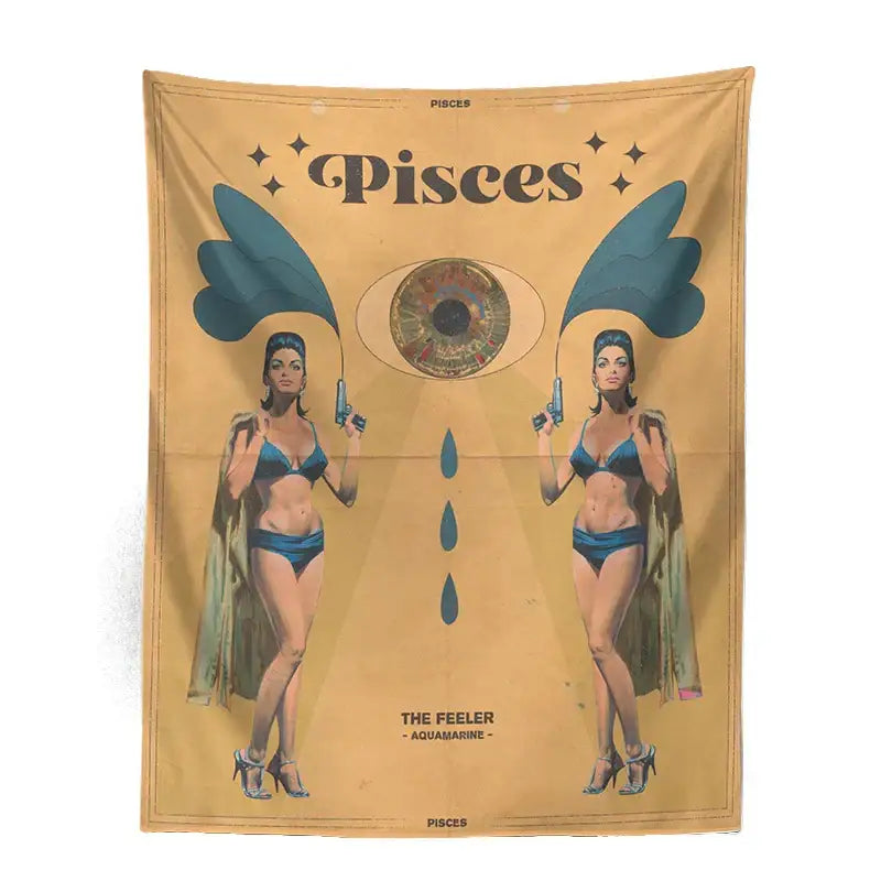 Vintage-style mustard yellow constellation tarot tapestry featuring two women in blue bikinis with winged guns and central eye design