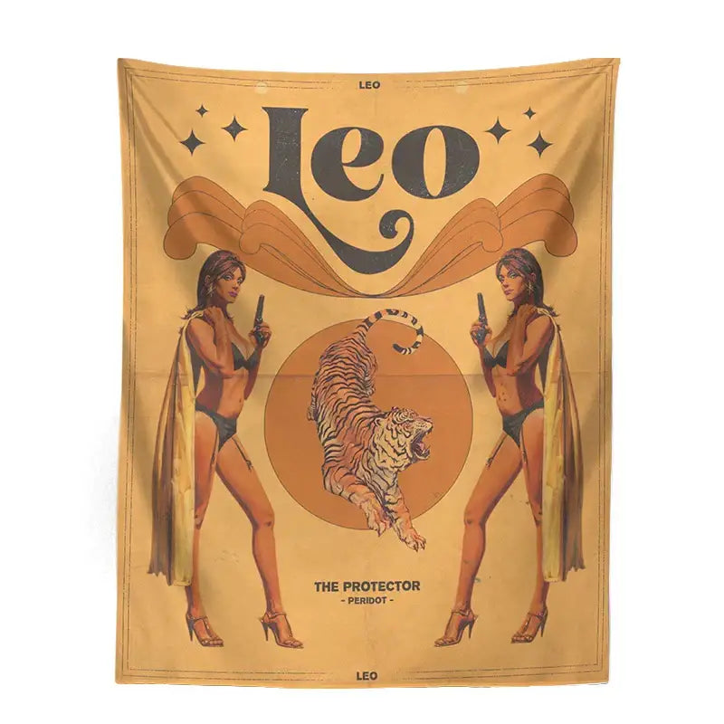 Vintage-style retro mustard constellation tarot tapestry with leo lettering, illustrated women, and central tiger circle wall art