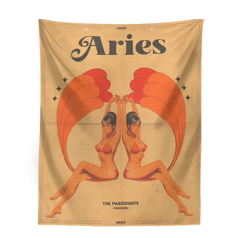 Vintage-style beige tapestry featuring aries retro illustration with orange wings for constellation tarot bedroom wall art