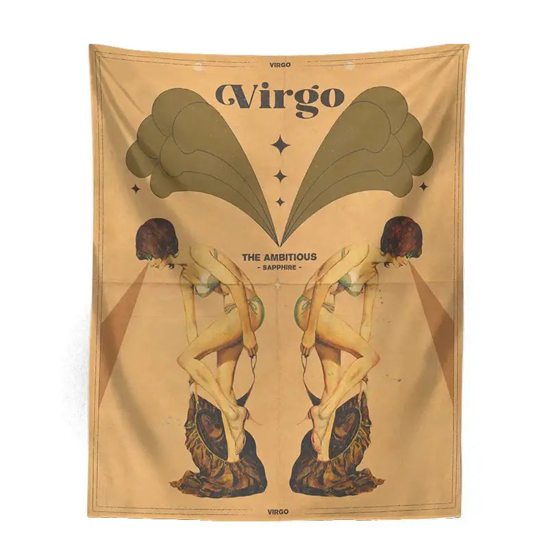 Retro mustard constellation tarot tapestry featuring a vintage beige design with symmetrical women and virgo text