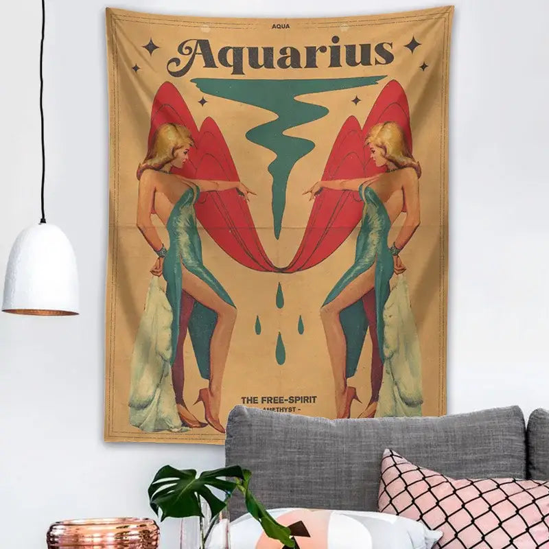 Retro mustard zodiac constellation tarot tapestry featuring two blonde women in teal dresses on tan background