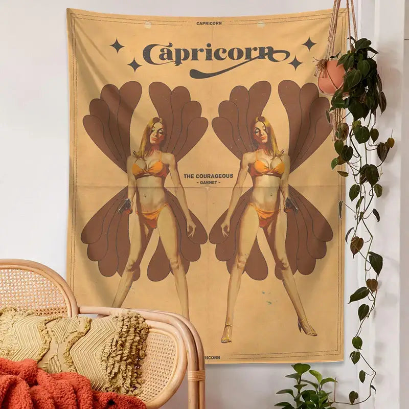 Retro mustard constellation tarot tapestry featuring two women with brown feathered wings on beige fabric for bedroom wall art