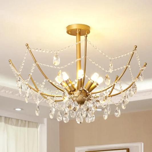 DecorBites™ DecorBites™ Retro Netting Crystal Strand Semi Flush Chandelier - Gold, 6/8 Bulbs
