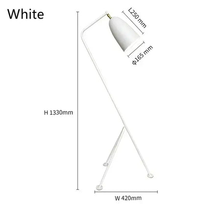 White minimalist retro nordic grasshopper floor lamp with sleek curved metal frame and conical shade for living room decor