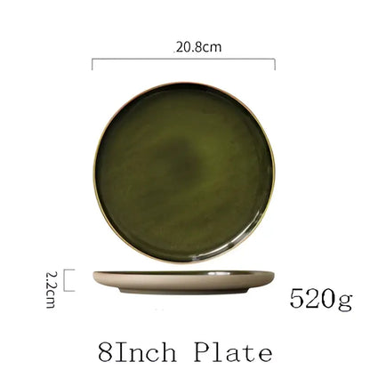 Retro olive green ceramic dinner plate with subtle texture and slightly raised rim for elegant dining room use