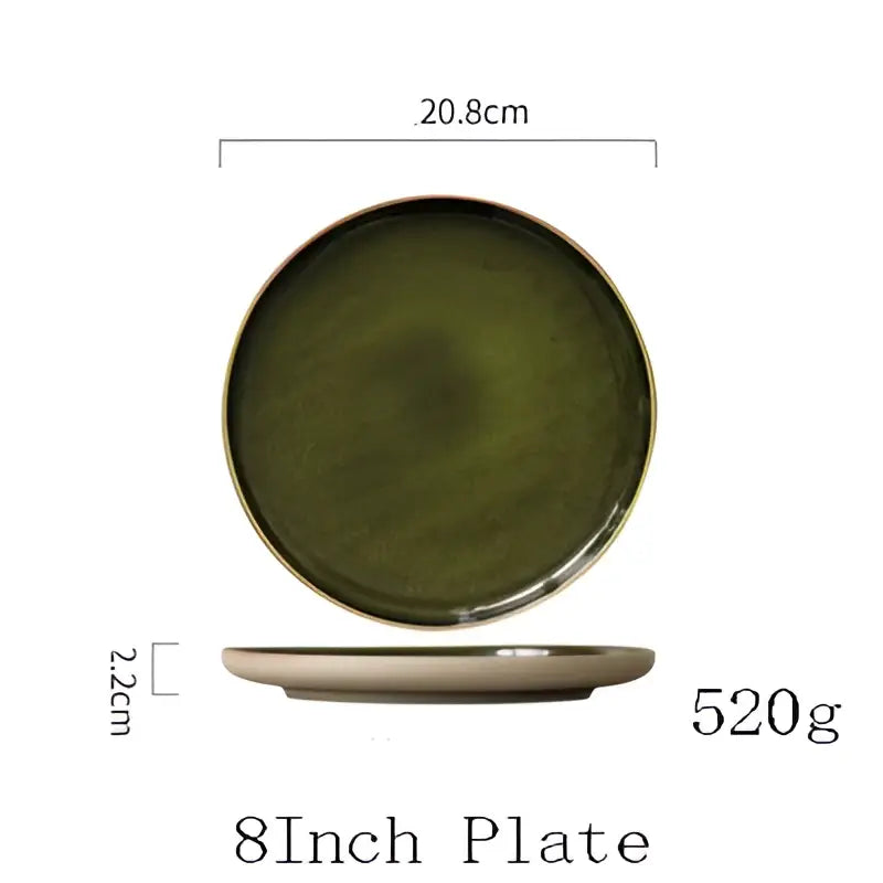 Retro olive green ceramic dinner plate with subtle texture and slightly raised rim for elegant dining room use