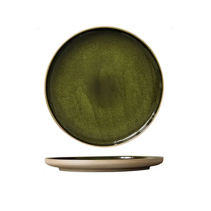 Retro olive green ceramic dinner plate with subtle textured glaze and contrasting beige rim for dining room use