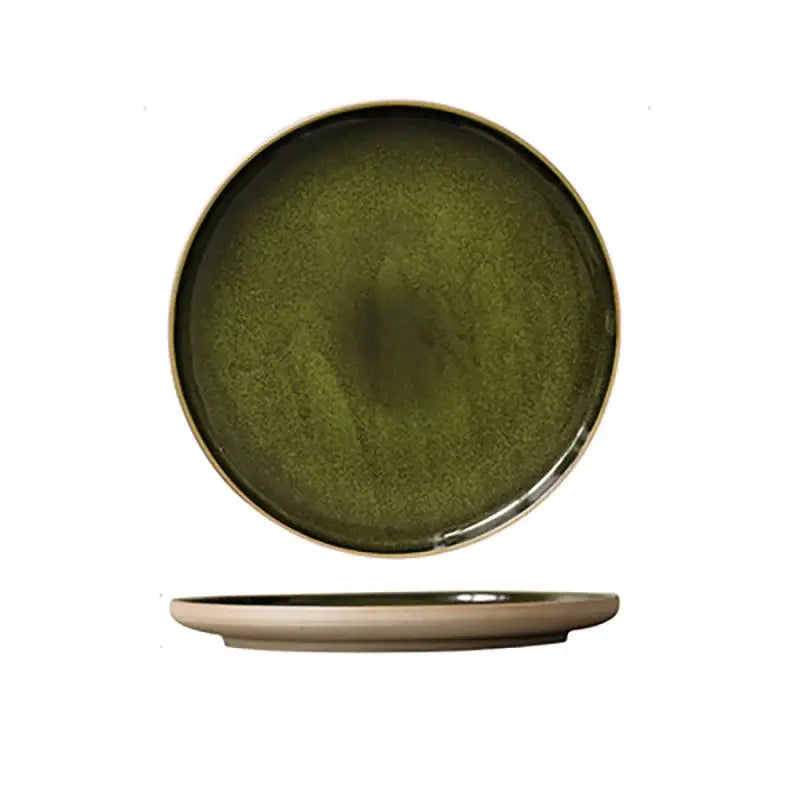 Retro olive green ceramic dinner plate with subtle textured glaze and contrasting beige rim for dining room use