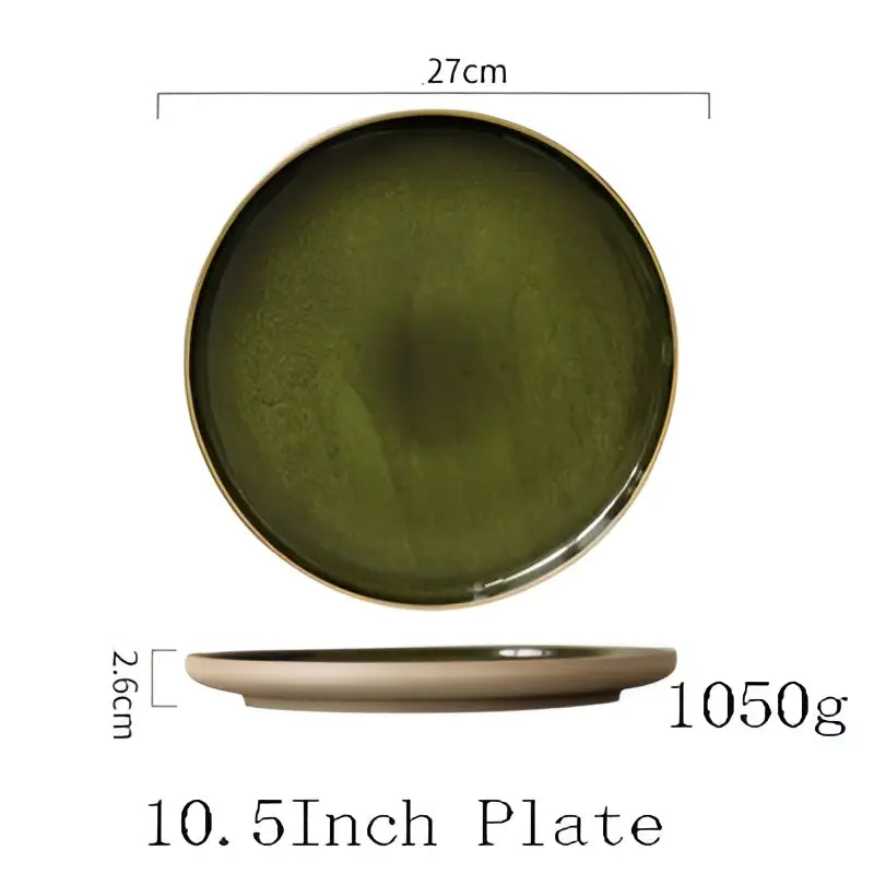 Retro olive green ceramic dinner plate with subtle texture and raised rim for elegant dining room use