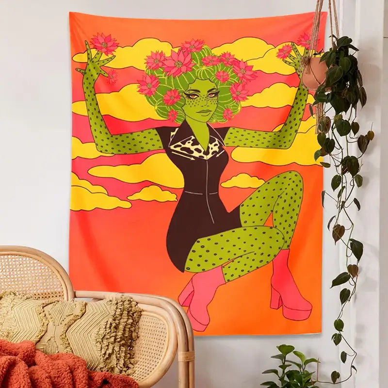 Retro orange and green cactus girl tapestry featuring a stylized woman for girl tapestry wall decorbites cactus girl decor