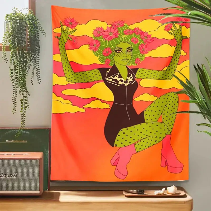 Vibrant orange and green cactus girl tapestry featuring a stylized woman with floral hair for girl tapestry wall decorbites cactus girl