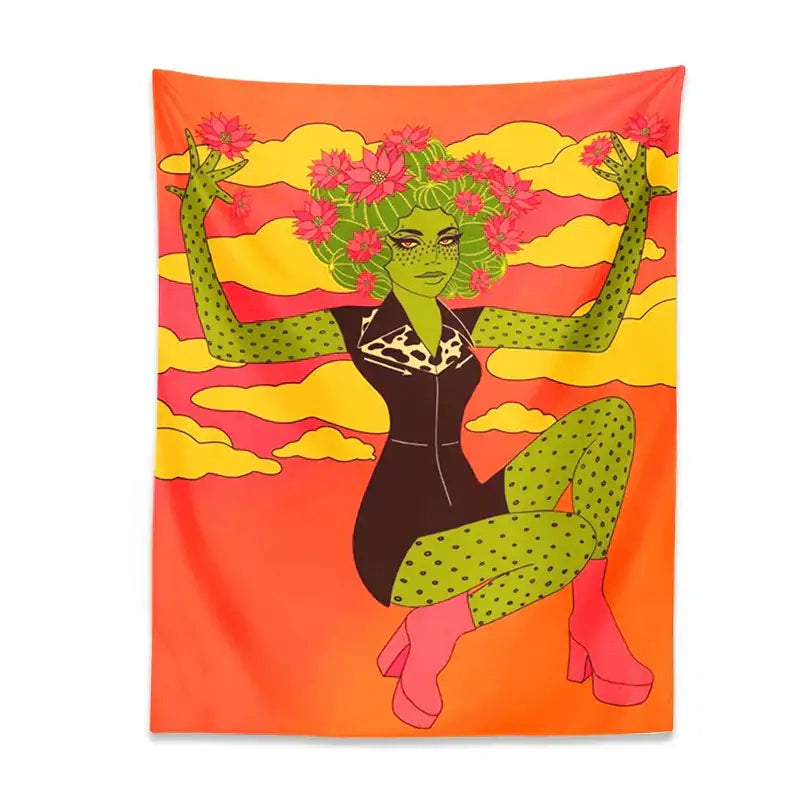 Vibrant orange decorbites cactus girl tapestry featuring a green cactus woman with pink flowers for wall decorbites girl tapestry wall