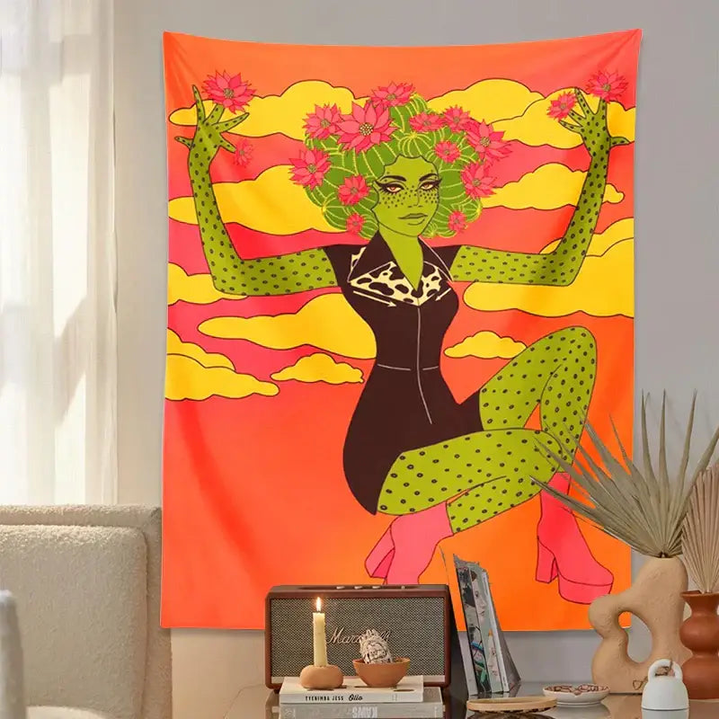 Vibrant orange and yellow cactus girl tapestry with green polka-dotted figure and pink flowers for decorbites cactus girl wall decor