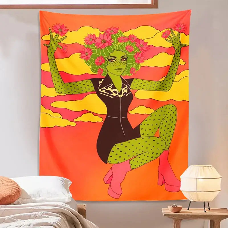 Retro orange and green cactus girl tapestry features a vibrant cactus girl decorbites design for bedroom wall decorbites cactus girl