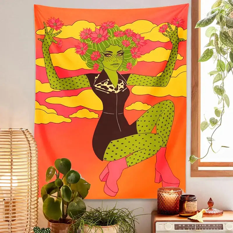 Vibrant retro orange and green cactus girl tapestry with stylized figure ideal for cactus girl tapestry wall decor