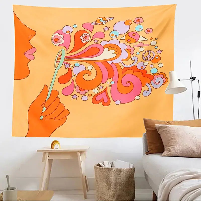 Retro orange colorful bubbles tapestry with psychedelic patterns and stylized profile for vibrant bedroom decorbites colorful bubbles decor