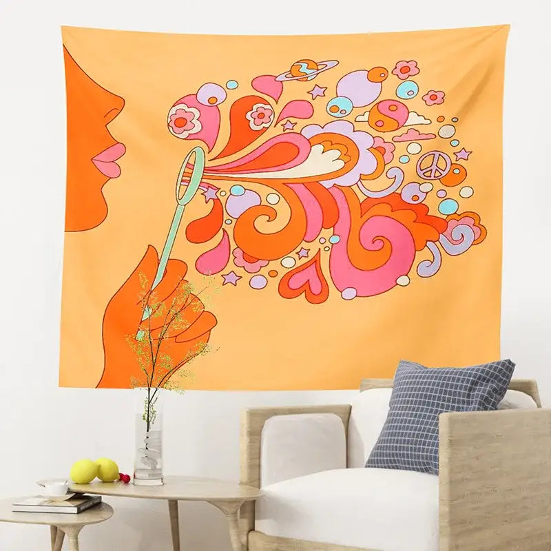 Retro orange colorful bubbles tapestry featuring a stylized profile blowing colorful bubbles for decorbites wall art