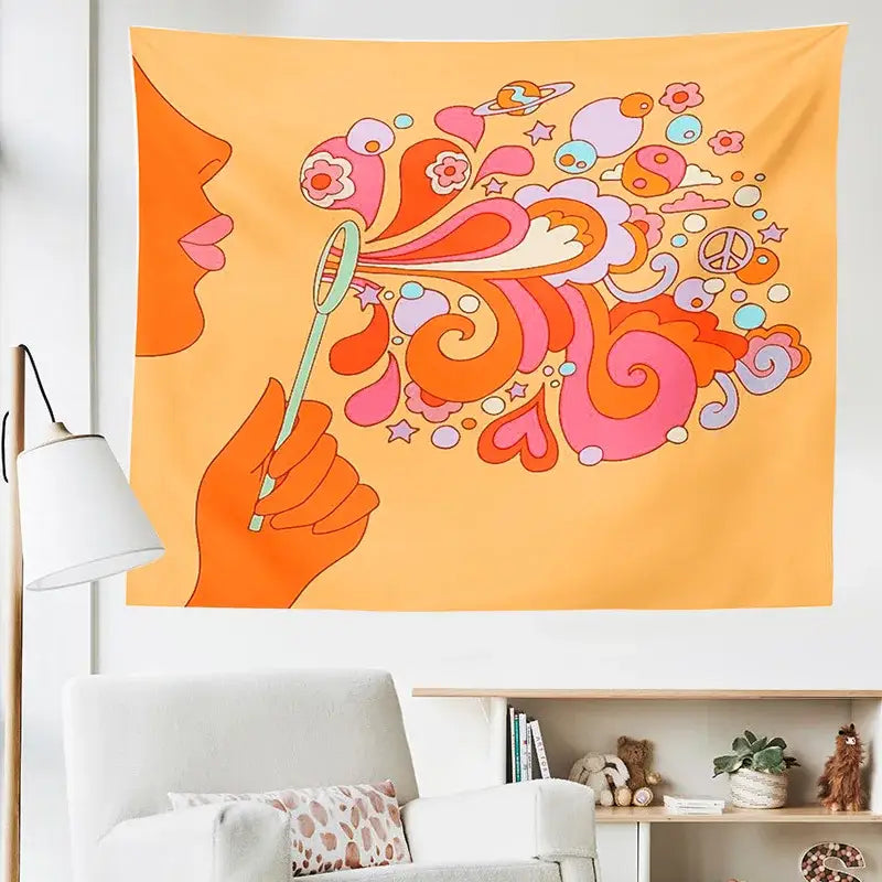 Retro orange colorful bubbles tapestry featuring a face blowing psychedelic swirls for bedroom wall decorbites decor