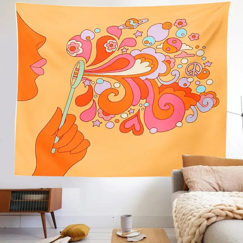 Retro orange colorful bubbles tapestry featuring a psychedelic profile with colorful swirls for bedroom decorbites colorful bubbles decor