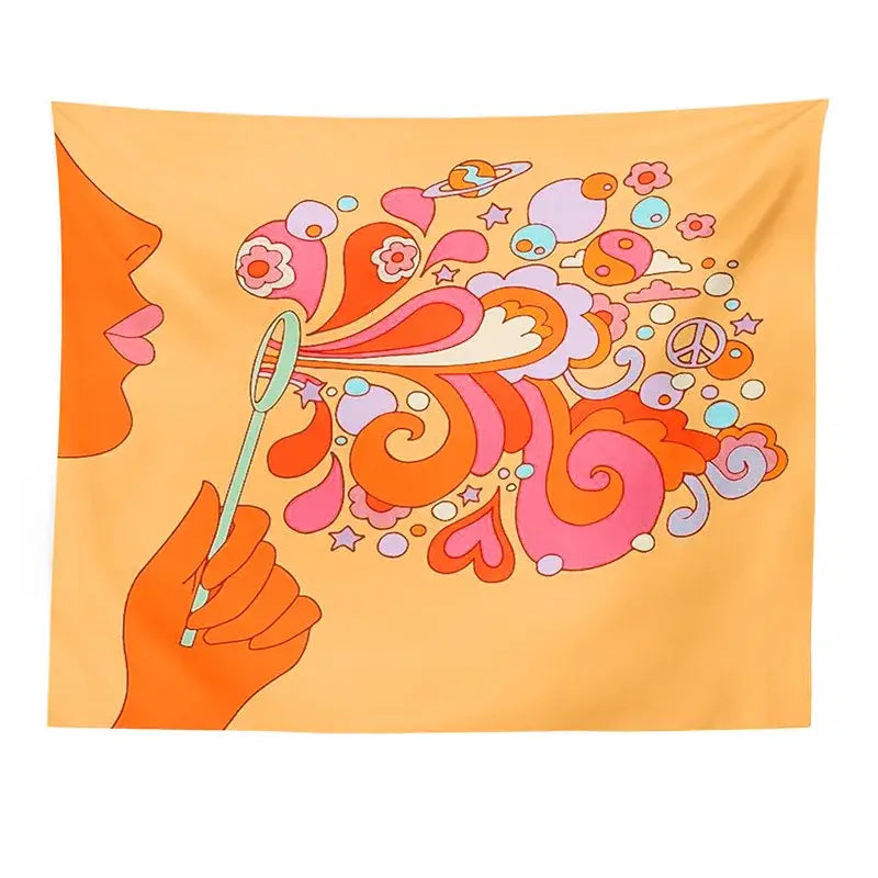 Vibrant orange colorful bubbles tapestry with stylized profile, swirling patterns, flowers, and peace signs for decorbites decor