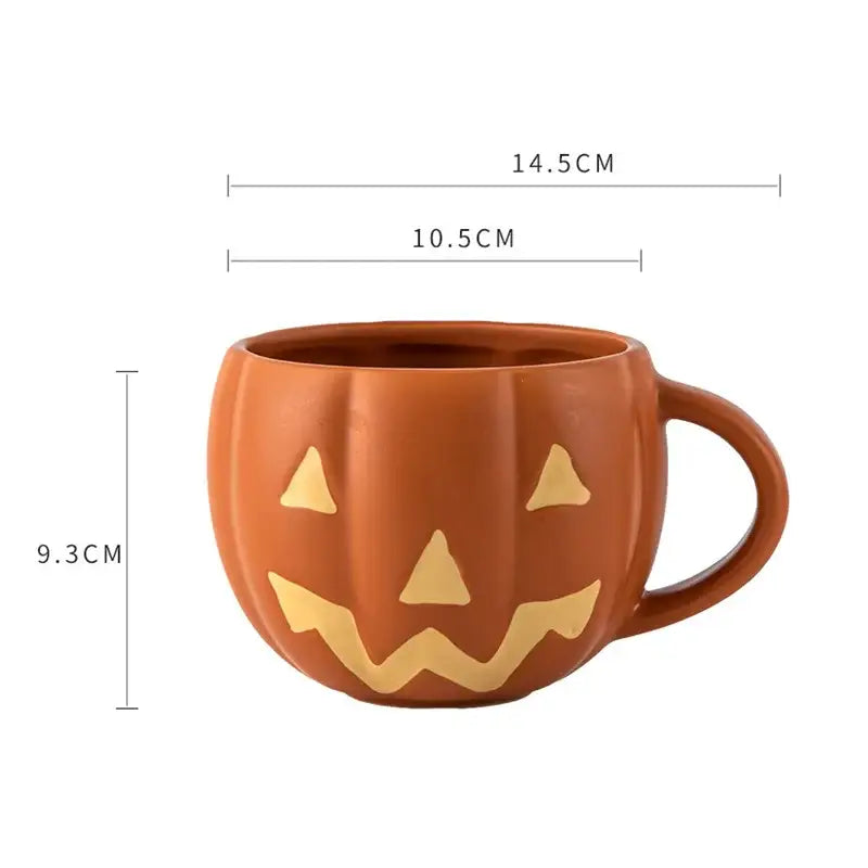 Retro orange halloween pumpkin ceramic mug with cheerful carved face and retro enamel handle for kitchen use