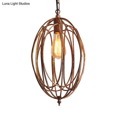 Retro Oval Pendant Light with Metallic Cage Shade - Black/White - Living Room Ceiling Lamp