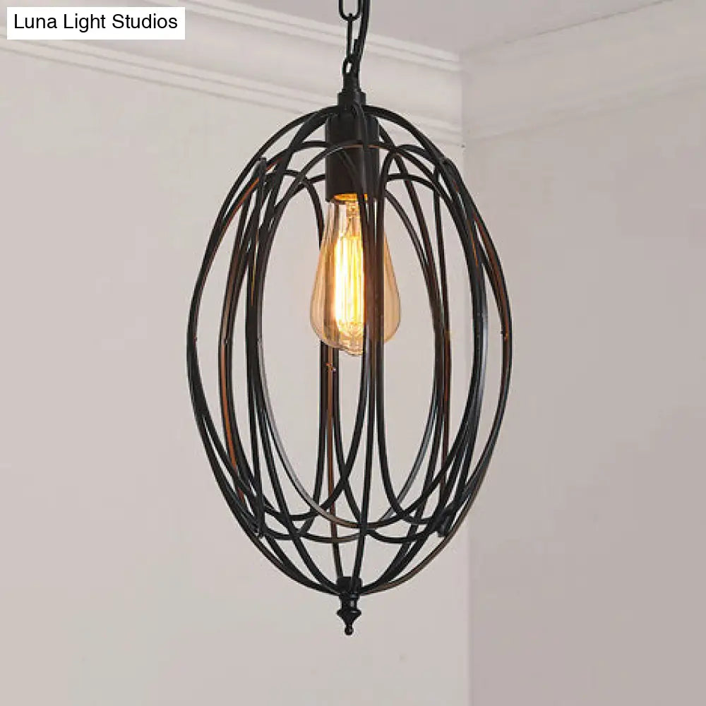 Retro Oval Pendant Light with Metallic Cage Shade - Black/White - Living Room Ceiling Lamp