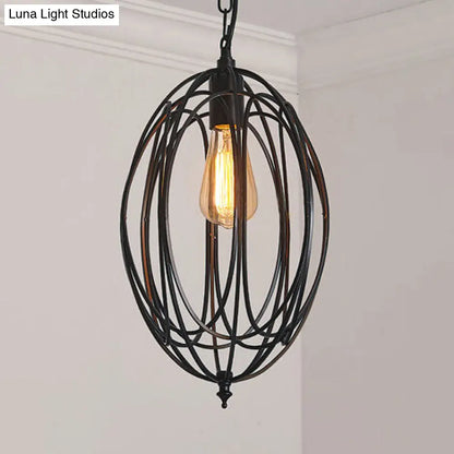 Retro Oval Pendant Light with Metallic Cage Shade - Black/White - Living Room Ceiling Lamp