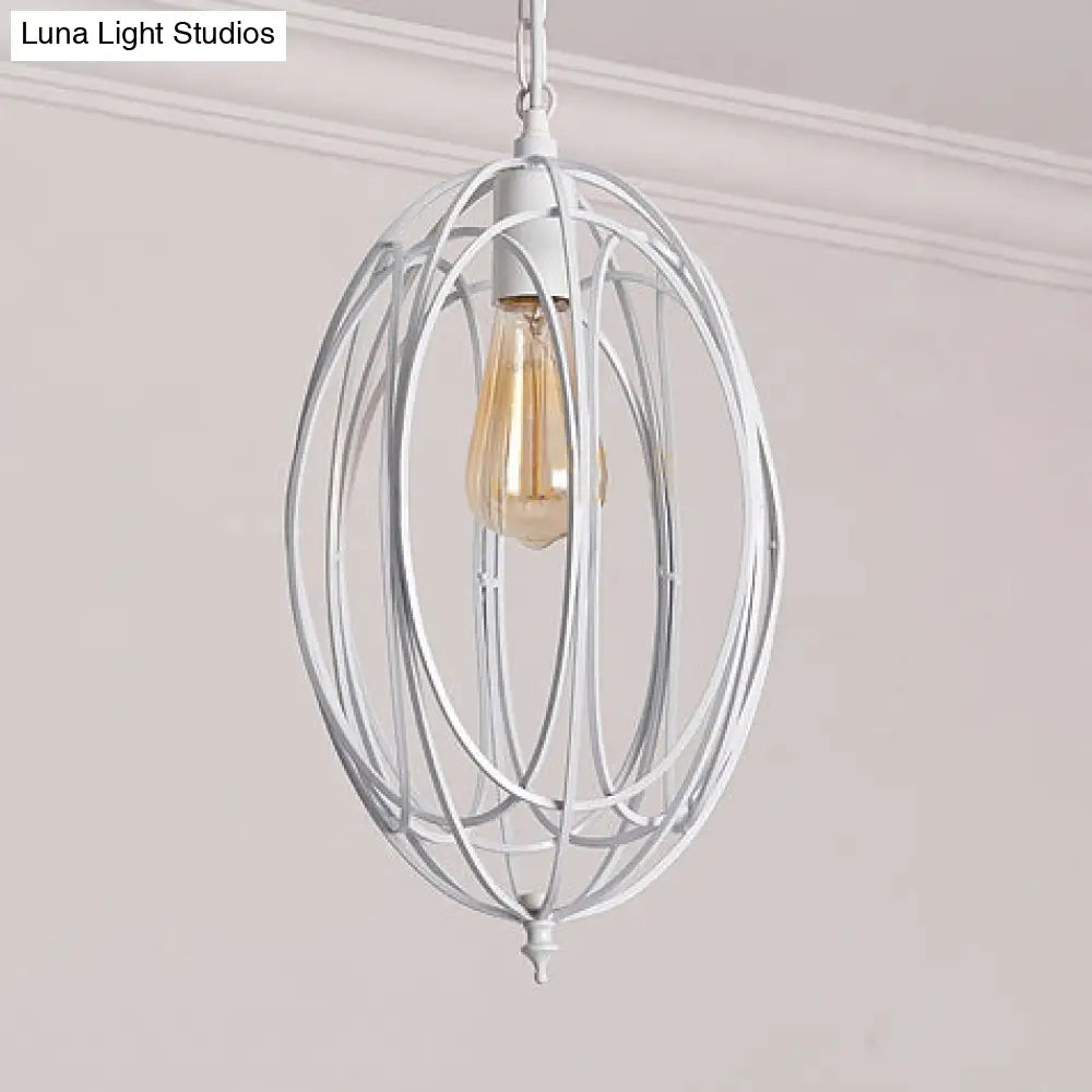 Retro Oval Pendant Light with Metallic Cage Shade - Black/White - Living Room Ceiling Lamp