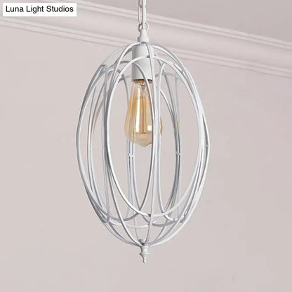 Retro Oval Pendant Light with Metallic Cage Shade - Black/White - Living Room Ceiling Lamp