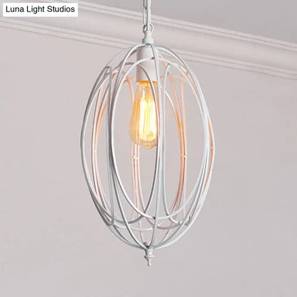 Retro Oval Pendant Light with Metallic Cage Shade - Black/White - Living Room Ceiling Lamp